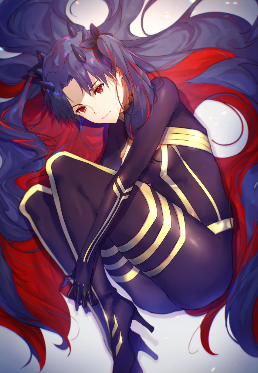 1girl absurdres bangs black_hair bodysuit boots breasts character_request closed_mouth eyebrows_visible_through_hair fate/grand_order fate_(series) flower hair_flower hair_intakes hair_ornament highres horns knees_up light_particles long_hair lying medium_breasts multicolored_hair on_side outstretched_arms parted_bangs red_eyes redhead simple_background skin_tight solo tuze111 twintails two-tone_hair two_side_up very_long_hair white_background