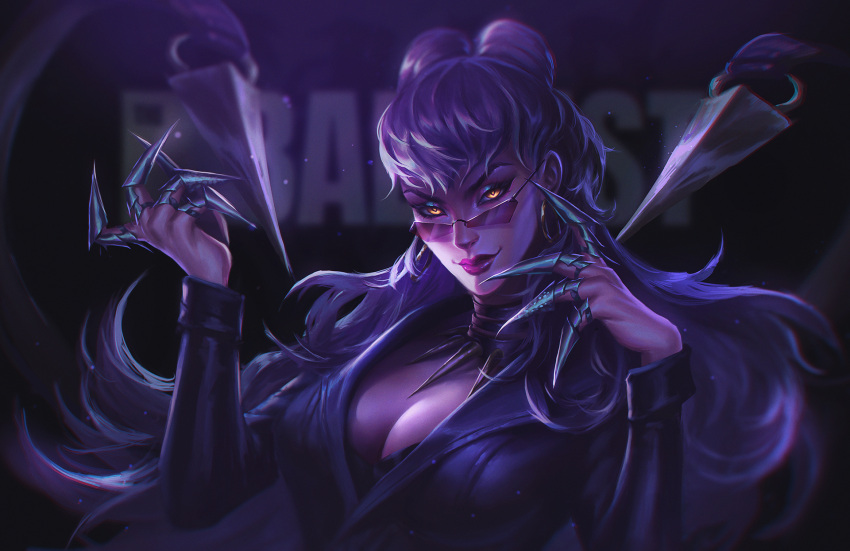 1girl business_suit claws crownsforkings dark demon_girl earrings evelynn_(league_of_legends) evil_grin evil_smile formal glasses glowing glowing_eyes grin highres hoop_earrings jewelry league_of_legends lipstick long_hair long_sleeves looking_at_viewer makeup necklace purple_hair smile solo suit the_baddest_evelynn yellow_eyes