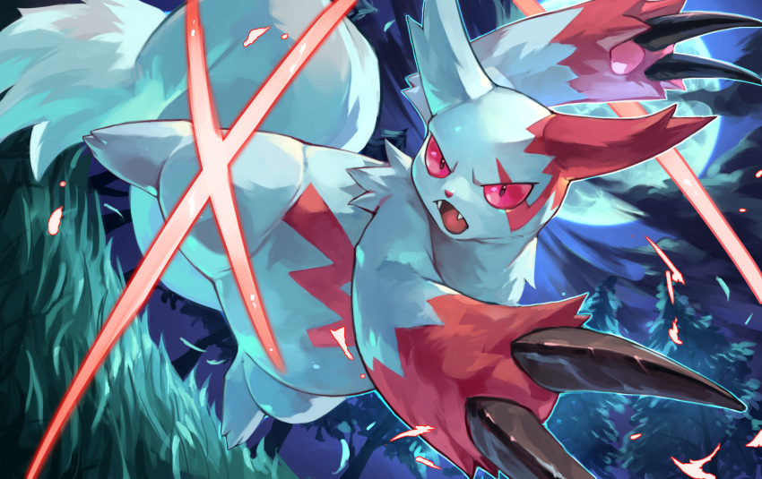 claws clouds commentary_request fangs gen_3_pokemon highres leaves_in_wind moon night no_humans open_mouth outdoors pink_eyes pokemon pokemon_(creature) sky solo tapioka_chaso tongue tree white_fur zangoose