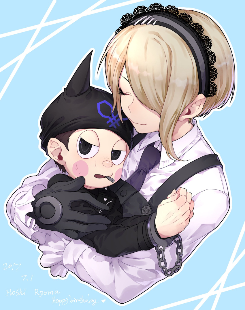 1boy 1girl black_dress black_eyes black_gloves black_headwear black_jacket black_neckwear blonde_hair blush_stickers bound bound_wrists brown_hair chain chained character_name closed_eyes collared_shirt commentary_request dangan_ronpa dated dress fake_horns gloves hair_over_one_eye happy_birthday hat highres horns hoshi_ryouma hug jacket looking_at_viewer nanin necktie new_dangan_ronpa_v3 shirt short_hair smile sweat toujou_kirumi very_short_hair white_shirt