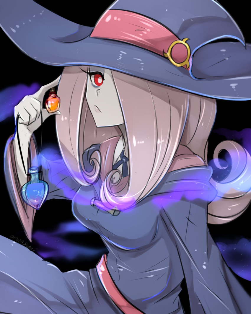 1girl artist_name black_background breasts commentary expressionless hair_over_one_eye hat highres holding light_purple_hair little_witch_academia long_hair looking_at_viewer luna_nova_school_uniform medium_breasts omiza_somi pale_skin potion red_eyes robe school_uniform signature simple_background solo sucy_manbavaran watermark wide_sleeves witch witch_hat