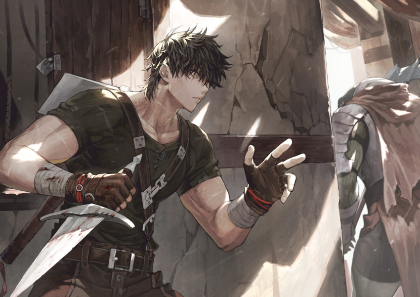 1boy armor axe bandaged_wrist bandages blood bloody_bandages bloody_weapon brown_hair cloak commentary_request cracked_wall dagger fingerless_gloves gloves harness harten_sieg_filbrio highres jun_(seojh1029) light lizardman messy_hair original rope scar shadow short_hair weapon