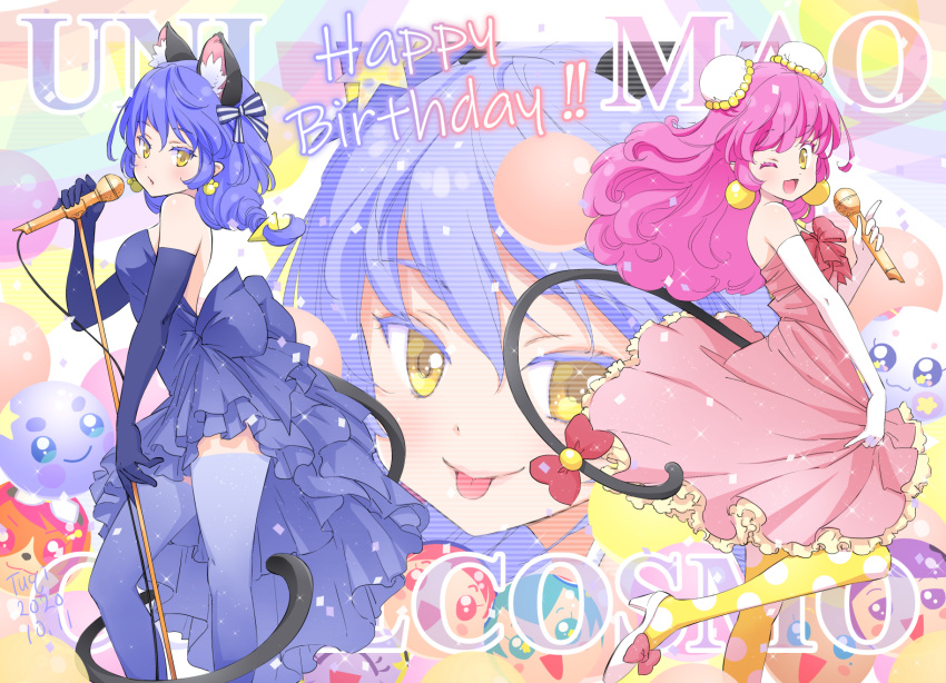 3girls :d animal_ear_fluff animal_ears backless_dress backless_outfit blue_dress blue_gloves blue_hair blue_legwear bow bowtie breasts bun_cover cat_ears cat_tail copyright_name double_bun dress earrings elbow_gloves floating_hair frilled_dress frills from_side gloves hair_ribbon happy_birthday high_heels highres holding holding_microphone jewelry long_hair looking_at_viewer mao_(precure) medium_breasts microphone microphone_stand multiple_girls open_mouth pink_bow pink_dress pink_hair polka_dot polka_dot_legwear precure pumps red_bow red_neckwear ribbon shoe_bow shoes short_dress sleeveless sleeveless_dress smile standing star_twinkle_precure strapless strapless_dress striped striped_ribbon tail thigh-highs tongue tongue_out tuqi_pix very_long_hair white_footwear white_gloves yellow_eyes yellow_legwear yuni_(precure)