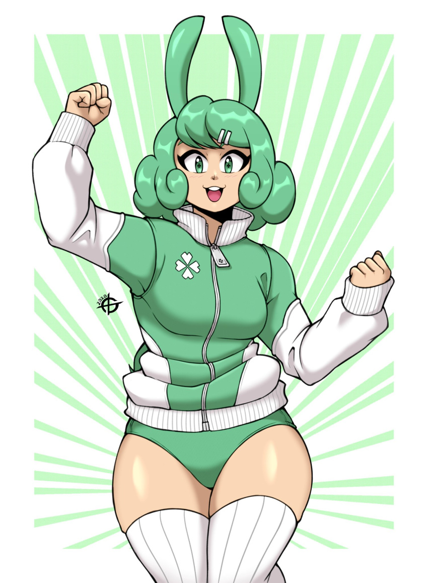 +_+ 1girl arm_up bloomers blush commission green_eyes green_hair green_jacket hair_ornament hairclip highres jacket long_sleeves looking_at_viewer messy_hair open_mouth original short_hair smile solo taggo thigh-highs track_jacket underwear upper_teeth white_legwear zipper zipper_pull_tab