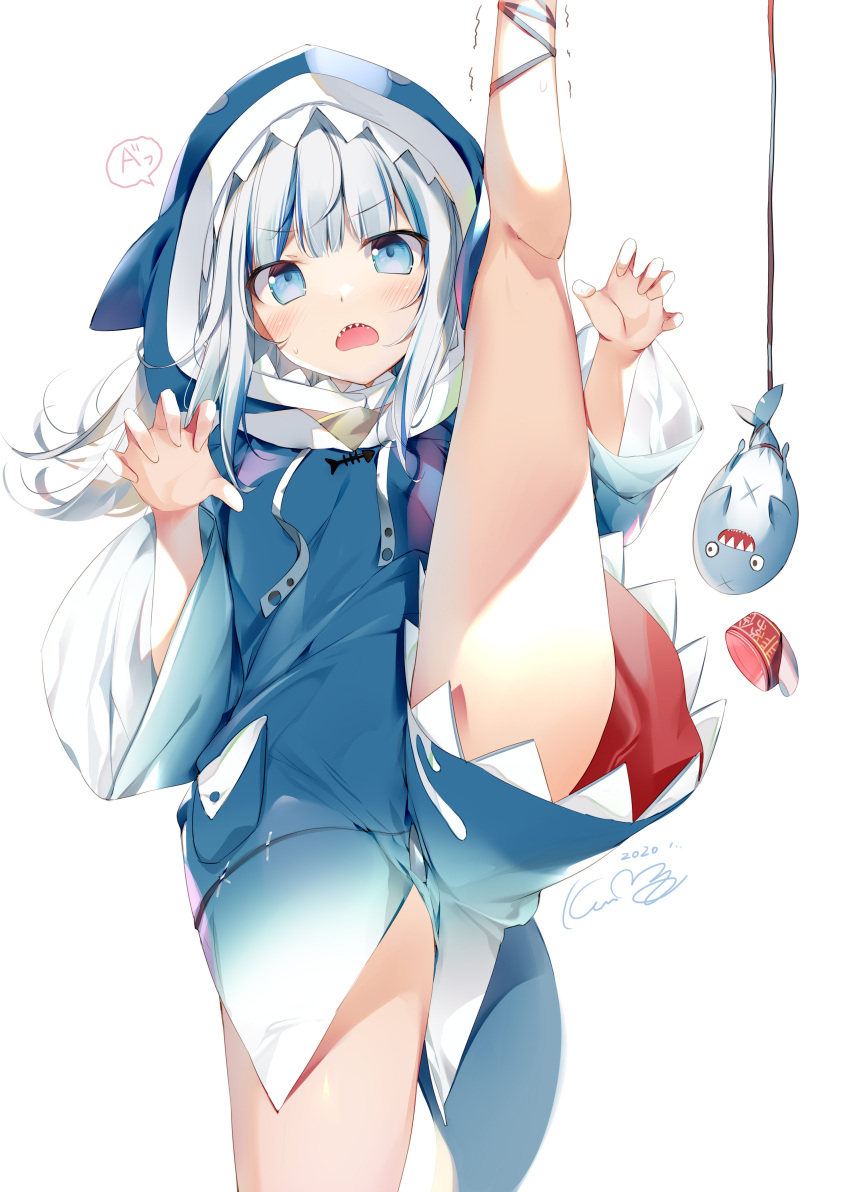 1girl 2020 a absurdres animal_costume animal_hood bad_anatomy bangs bloop_(gawr_gura) blue_eyes blue_hair blue_hoodie blush claw_pose commentary_request d: eyebrows_visible_through_hair fish_tail gawr_gura highres hololive hololive_english hood karory leg_ribbon medium_hair multicolored_hair open_mouth pocket ribbon shark_costume shark_girl shark_hood shark_print shark_tail sharp_teeth signature silver_hair solo split standing standing_on_one_leg standing_split streaked_hair tail teeth virtual_youtuber wide_sleeves