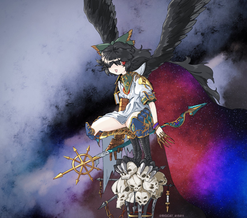 1girl armor bangle bangs bigcat_114514 bird_legs bird_wings black_hair black_wings bracelet cape chain chaos_(warhammer) dress english_commentary eyebrows_visible_through_hair full_body gold_armor gold_trim hair_between_eyes hair_over_one_eye highres holding holding_polearm holding_weapon jewelry leg_armor long_hair looking_at_viewer mechanical_arm necklace pauldrons plate_armor polearm red_eyes reiuji_utsuho short_dress short_sleeves shoulder_armor signature skull solo spear squatting starry_background starry_sky_print talons thighs third_eye touhou triangle_mouth twitter_username tzeentch very_long_hair warhammer_40k weapon white_dress wings
