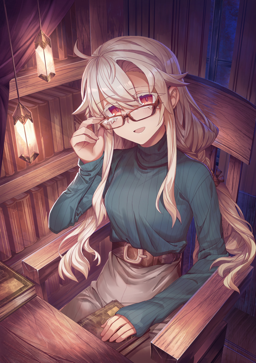 1girl :d absurdres adjusting_eyewear antenna_hair arm_rest belt book bookshelf chair curtains eyebrows_visible_through_hair eyes_visible_through_hair glasses green_sweater grey_skirt hair_between_eyes highres lantern long_hair long_sleeves looking_at_viewer open_mouth original platinum_blonde_hair red_eyes shichigatsu shirt_tucked_in sidelocks sitting skirt smile solo sweater turtleneck turtleneck_sweater window