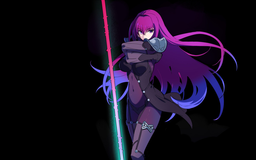 alternate_eye_color armor blue_hair bodysuit breasts covered_navel fate/grand_order fate_(series) gae_bolg gradient highres large_breasts long_hair pauldrons polearm purple_bodysuit purple_hair sakuraidai scathach_(fate)_(all) scathach_(fate/grand_order) shoulder_armor spear violet_eyes weapon