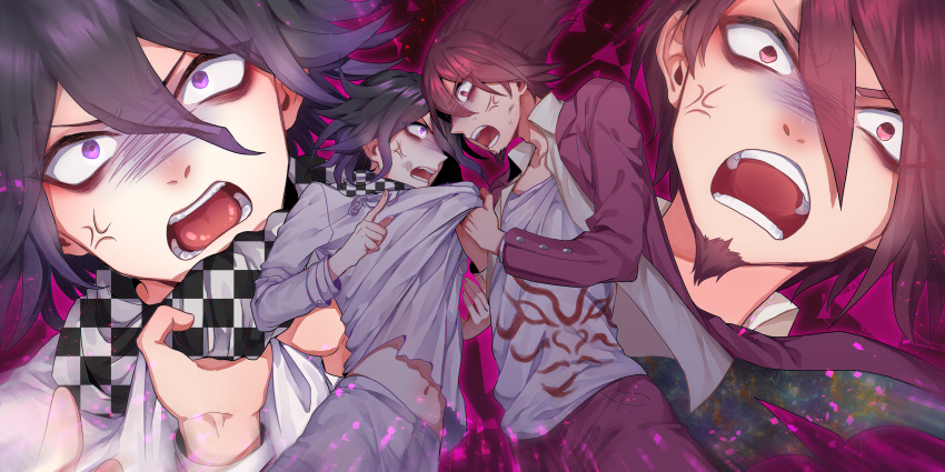 2boys absurdres anger_vein angry bangs black_hair checkered checkered_scarf commentary_request dangan_ronpa eye_contact face facial_hair from_below goatee grabbing hair_between_eyes highres jacket looking_at_another male_focus midriff momota_kaito multiple_boys multiple_views nanin navel new_dangan_ronpa_v3 open_clothes open_jacket open_mouth open_shirt ouma_kokichi pants pink_hair pink_jacket pink_pants pointing_at_another purple_hair scarf shirt spiky_hair stomach straitjacket teeth violet_eyes white_jacket white_pants white_shirt