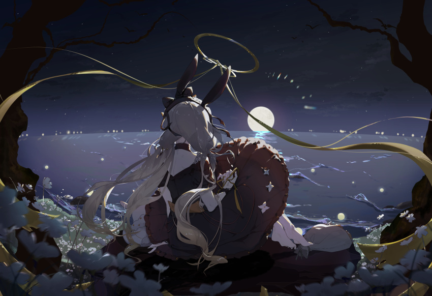 1girl alchemy_stars animal_ears bare_tree barefoot bird black_bow blonde_hair blurry blurry_foreground bow chinese_commentary choker commentary_request cuscuta_(alchemy_stars) flaya9247 flower from_behind hair_bow hairband halo highres horizon long_hair low-tied_long_hair moon night ocean outdoors pouch rabbit_ears ribbon sitting solo tree white_flower yellow_ribbon