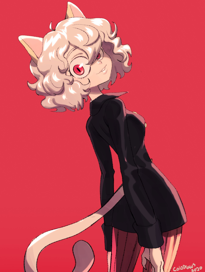 1girl absurdres animal_ears breasts cat_ears cat_tail colo_(nagrolaz) cowboy_shot from_behind highres hunter_x_hunter long_sleeves neferpitou parted_lips red_background red_eyes short_hair simple_background smile solo tail white_hair