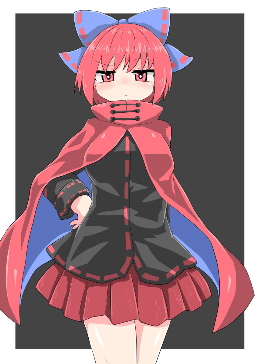 1girl bangs black_background black_vest blue_bow border bow breasts bright_pupils cape chups closed_mouth eyebrows_visible_through_hair hair_bow hand_on_hip highres long_sleeves looking_at_viewer pleated_skirt raised_eyebrow red_cape red_eyes red_ribbon red_skirt redhead ribbon ribbon-trimmed_bow ribbon-trimmed_clothes ribbon-trimmed_vest ribbon_trim sekibanki short_hair simple_background skirt solo thigh-highs touhou vest white_border zettai_ryouiki