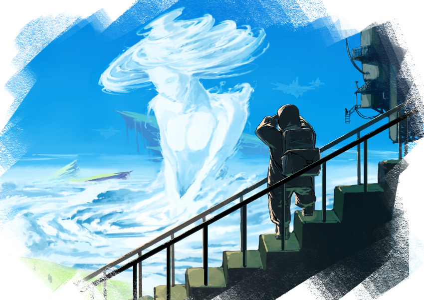 1girl 2others arms_up backpack bag blue_sky boots clouds commentary_request day facing_viewer floating_island highres hood hood_down hooded_jacket jacket kiiro_(1718) long_sleeves multiple_others original outdoors pants railing sky solo_focus stairs standing stone_stairs