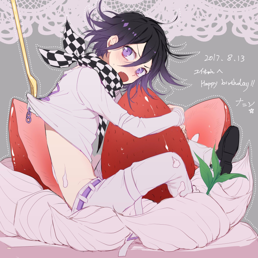 1boy ahoge bangs belt black_footwear black_hair blush checkered checkered_neckwear checkered_scarf commentary_request cream dangan_ronpa dated fang food fork from_side fruit hair_between_eyes happy_birthday highres holding jacket long_sleeves looking_at_viewer male_focus medium_hair messy_hair miniboy nanin new_dangan_ronpa_v3 object_hug open_mouth ouma_kokichi pants purple_belt purple_hair scarf shoes sitting solo straitjacket strawberry translation_request trembling violet_eyes white_jacket white_pants