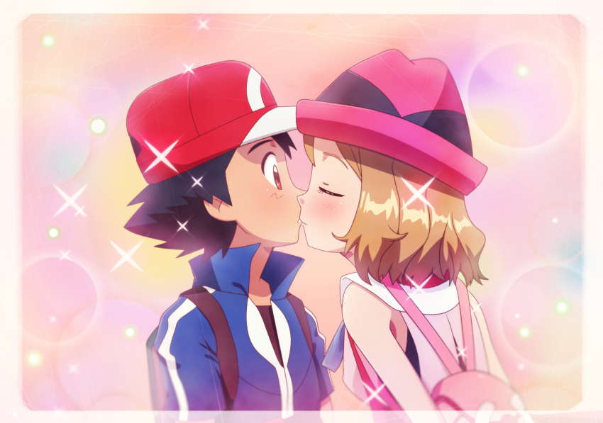 1boy 1girl ash_ketchum backpack bag bare_arms baseball_cap black_hair black_shirt blue_jacket blush brown_eyes closed_eyes commentary english_commentary eyelashes gazing_eye hat highres jacket kiss light_brown_hair pink_headwear pokemon pokemon_(anime) pokemon_xy_(anime) red_headwear serena_(pokemon) shiny shiny_hair shirt sparkle