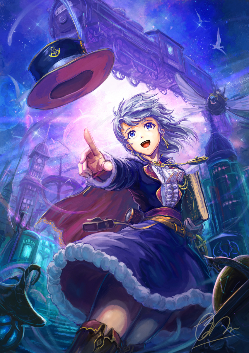 1girl ascot belt book boots building cape commentary dark fantasy frilled_shirt frills from_below fur_trim ground_vehicle hat hat_feather hat_removed headwear_removed highres holding holding_book locomotive long_hair night night_sky open_mouth original outstretched_hand pointing pouch purple_hair shiki_makoto shirt signature sky space star_(sky) starry_sky stopwatch thigh-highs thigh_boots top_hat train violet_eyes watch wind