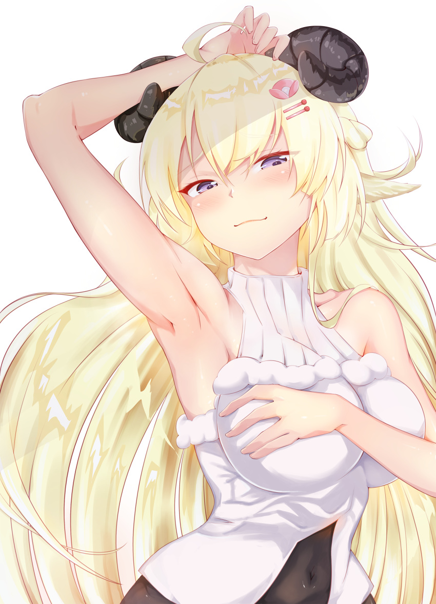 1girl absurdres ahoge alternate_costume arm_over_head armpits bare_shoulders blonde_hair braid breasts closed_mouth curled_horns french_braid fur-trimmed_sweater fur_trim hair_ornament hairclip half-closed_eyes hand_on_breast highres hololive horns large_breasts light_smile long_hair lotus_hair_ornament lying on_back paddy_san ribbed_sweater sheep_horns simple_background sleeveless_sweater solo sweater tsunomaki_watame tsurime turtleneck turtleneck_sweater very_long_hair violet_eyes virtual_youtuber white_background white_sweater