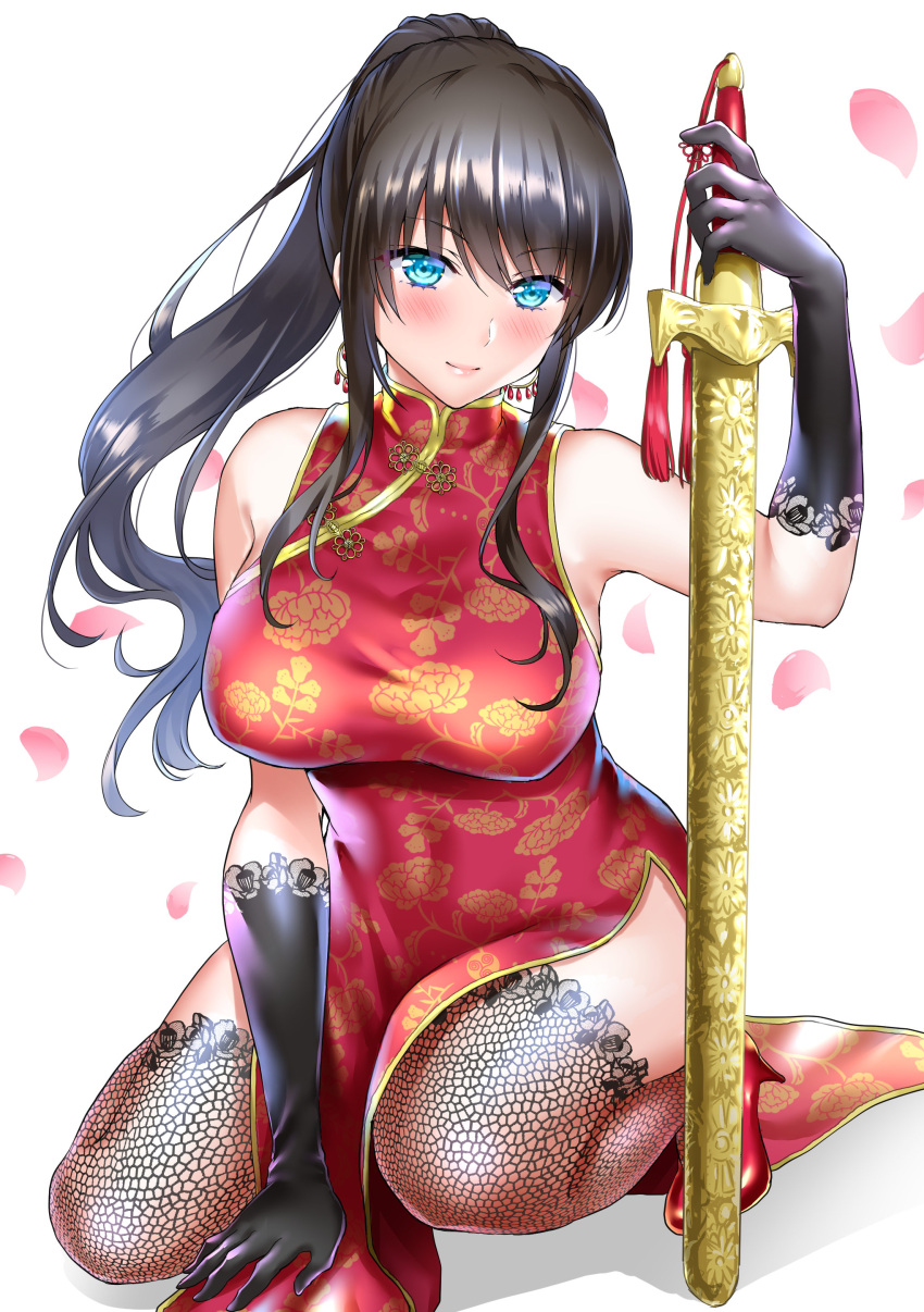 1girl absurdres armpits bangs bare_shoulders black_gloves black_hair black_legwear blue_eyes blush breasts china_dress chinese_clothes dress earrings eyebrows_visible_through_hair fishnet_legwear fishnets floral_print gloves high_heels high_ponytail highres hikaru_(gevp7588) holding holding_sword holding_weapon jewelry kneeling lace-trimmed_gloves lace-trimmed_legwear lace_trim large_breasts long_hair looking_at_viewer original petals ponytail red_dress red_footwear sheath sheathed side_slit sidelocks simple_background sleeveless sleeveless_dress smile solo sword weapon white_background