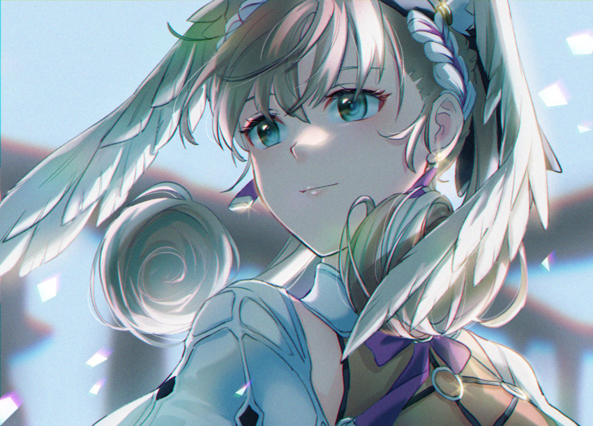 1girl braid crown_braid fuwamoko_momen_toufu glint hairband head_wings highres melia_antiqua o-ring portrait silver_hair smile solo xenoblade_chronicles xenoblade_chronicles:_future_connected xenoblade_chronicles_(series)