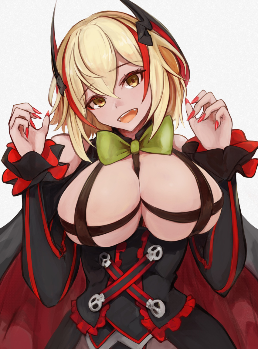 1girl alternate_costume azur_lane black_cape black_corset black_dress blonde_hair bow breast_cutout breasts cape corset dress eyebrows_visible_through_hair green_bow hair_between_eyes highres large_breasts looking_at_viewer marshall_k multicolored_hair red_cape redhead roon_(azur_lane) simple_background solo streaked_hair two-tone_cape upper_body white_background yellow_eyes