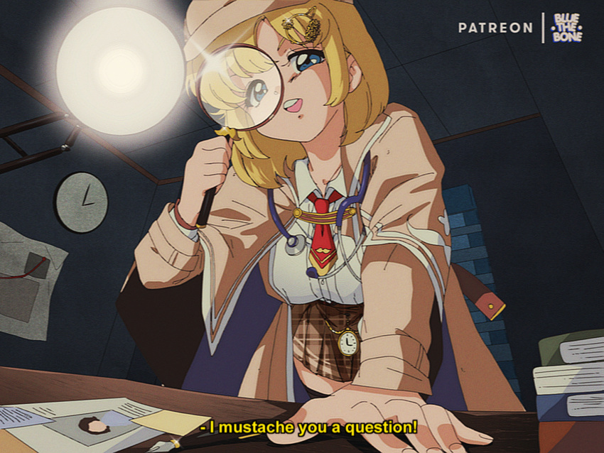 1990s_(style) 1girl :d artist_name blonde_hair blue_eyes bluethebone book_stack breasts brown_capelet brown_coat brown_headwear brown_skirt clock coat collared_shirt desk_lamp english_text foreshortening glint hair_ornament hairclip holding hololive indoors lamp leaning_forward long_sleeves looking_at_viewer magnifying_glass medium_breasts miniskirt necktie open_clothes open_coat open_mouth paper patreon_username plaid plaid_skirt pocket_watch pun red_neckwear round_teeth shirt short_hair skirt smile solo stethoscope teeth upper_teeth virtual_youtuber watch watson_amelia white_shirt wooden_table