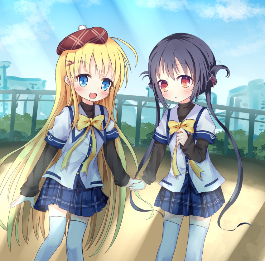 2girls black_hair black_shirt blonde_hair blue_eyes blue_skirt brown_eyes brown_headwear clouds clover_days hair_ornament hairclip hat highres holding_hands long_hair multiple_girls open_mouth outdoors p-hone plaid plaid_skirt school_uniform shirt siblings sisters skirt sky smile takakura_anri takakura_anzu thigh-highs twintails very_long_hair white_legwear white_shirt