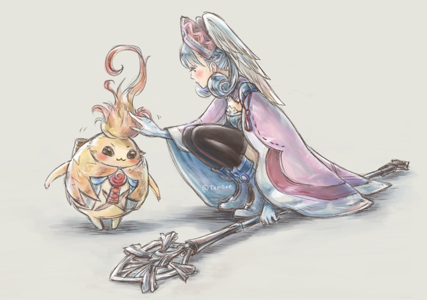 1girl blush cape full_body gloves grey_background hat head_wings huiyuan melia_antiqua nopon petting riki_(xenoblade) shadow silver_hair simple_background squatting staff thigh-highs twitter_username white_gloves xenoblade_chronicles xenoblade_chronicles_(series)