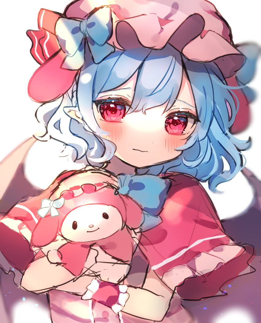 1girl animal_ears bangs bat_wings black_wings blue_bow blue_hair blush bow capelet character_request chikuwa_(tikuwaumai_) closed_mouth dress eyebrows_visible_through_hair fake_animal_ears hair_between_eyes hat hat_bow highres hug looking_at_viewer mob_cap pink_dress pink_headwear red_capelet red_eyes remilia_scarlet sanrio simple_background sketch touhou upper_body wavy_mouth white_background wings wrist_cuffs