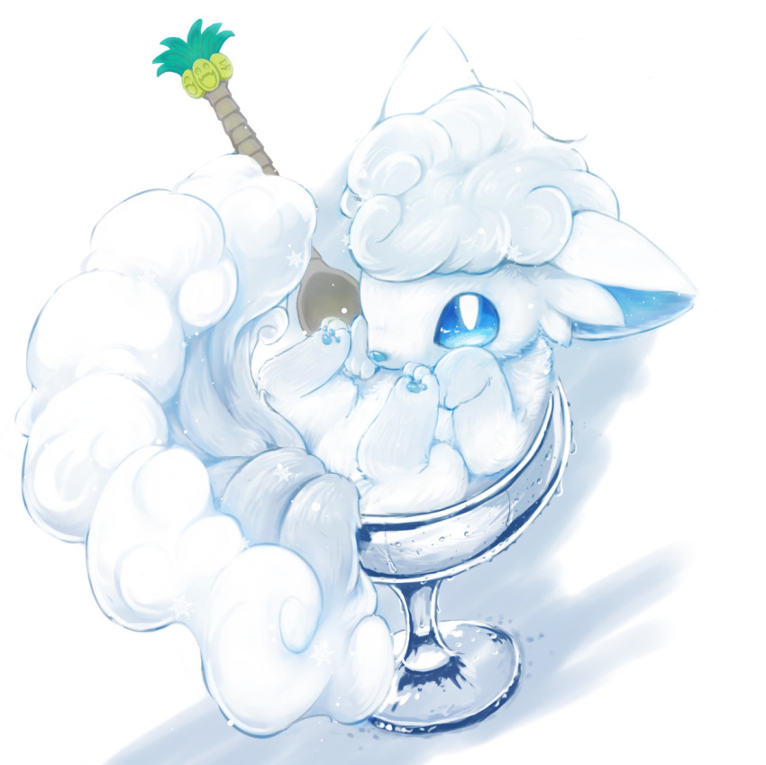 alolan_exeggutor alolan_form alolan_vulpix blue_eyes commentary_request condensation cup gen_7_pokemon lying on_back paws pokemon pokemon_(creature) star_(symbol) tail wet white_fur yuwafumi