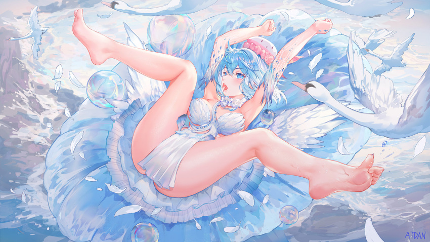 1girl animal armpits arms_up ass atdan bare_legs barefoot bird blue_eyes blue_hair breasts bubble dress feathers feet haiyi hat highres jellyfish large_breasts looking_at_viewer open_mouth pelvic_curtain short_dress short_hair solo spread_legs swan synthesizer_v thighs water white_dress