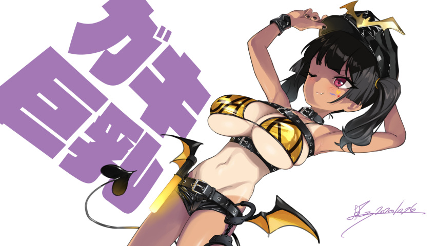 1girl armpits black_collar black_headwear breasts closed_mouth collar commentary_request demon_tail halloween hat kaedeko_(kaedelic) large_breasts navel one-piece_tan one_eye_closed original saki_sasaki_(kaedeko) short_hair signature simple_background smile solo stomach tail tan tanline twintails under_boob white_background