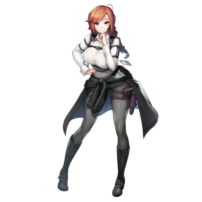 1girl asymmetrical_bangs bangs belt boots braid breasts brown_hair bumcha clothes_around_waist collared_shirt full_body green_eyes hand_on_own_chin headset highres jacket jacket_around_waist large_breasts last_origin looking_at_viewer official_art pants shirt single_braid smile solo tachi-e tight tight_pants transparent_background white_shirt