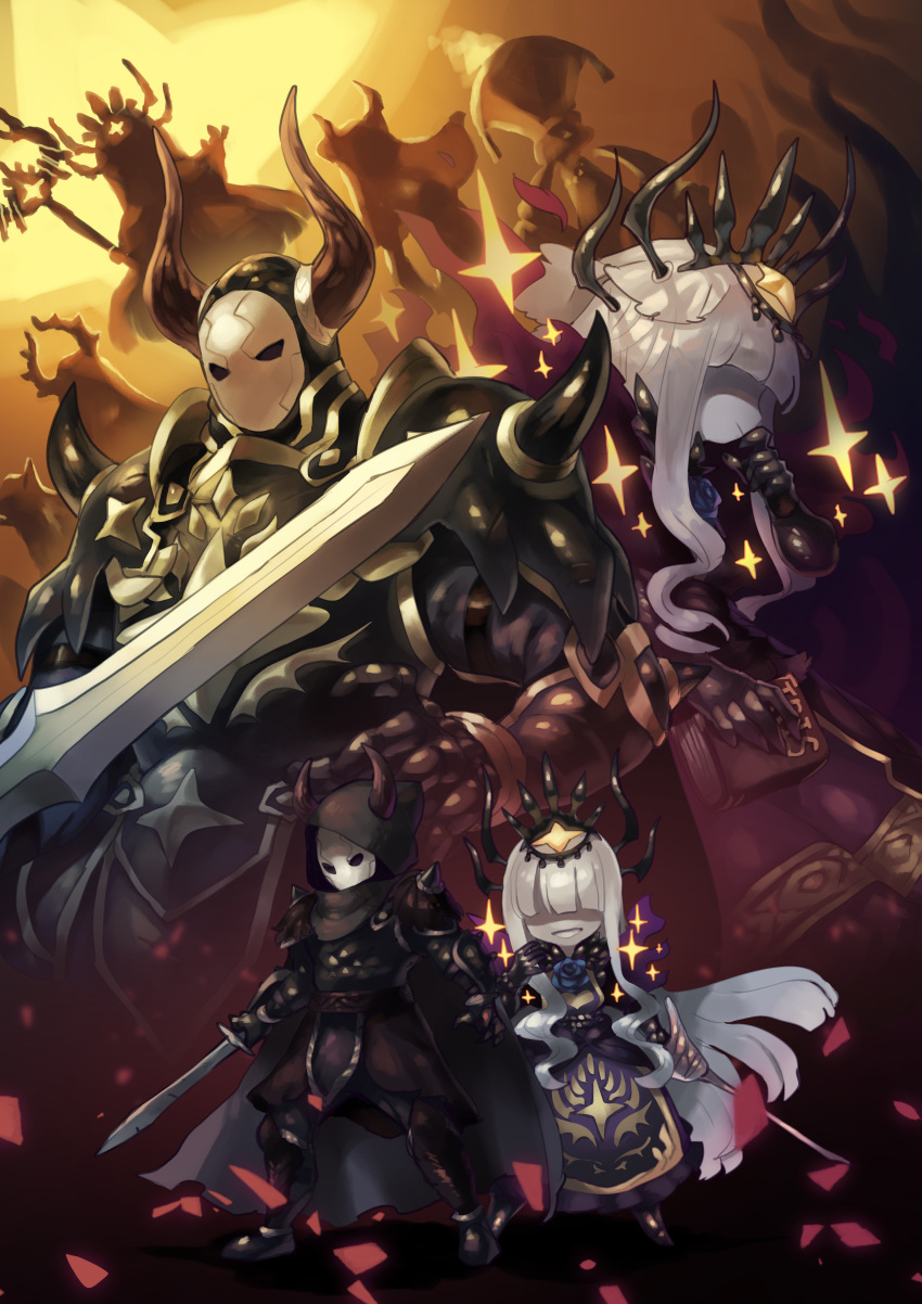 1boy 1girl absurdres armor breastplate cordula_(okame_nin) covered_eyes dress floating_hair grin hair_over_eyes highres holding holding_sword holding_weapon hood hood_up horns horns_through_headwear long_hair mana_matitia_(okame_nin) mask okame_nin original pauldrons purple_dress rapier shaded_face shoulder_armor smile sparkle sword very_long_hair weapon white_hair white_skin