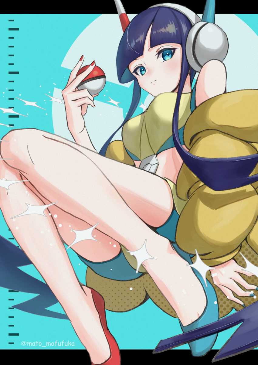 1girl asymmetrical_footwear bangs black_hair blue_nails blunt_bangs breasts closed_mouth commentary elesa_(pokemon) hand_up headphones highres holding holding_poke_ball jacket knees knees_together_feet_apart letterboxed mato. mismatched_footwear nail_polish off_shoulder poke_ball poke_ball_(basic) pokemon pokemon_(game) pokemon_bw2 red_nails shoes short_hair_with_long_locks sidelocks smile solo twitter_username yellow_jacket
