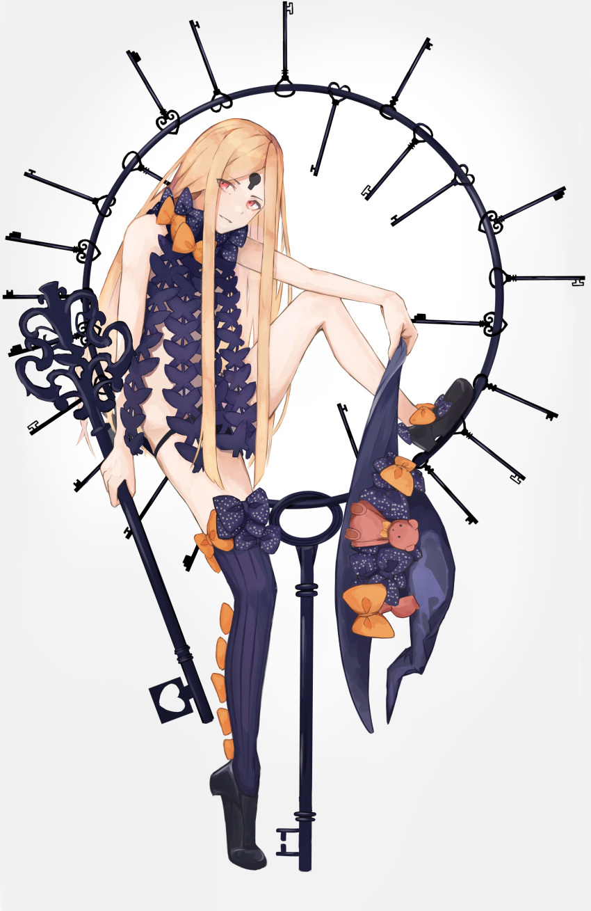 1girl abigail_williams_(fate/grand_order) absurdres bangs barefoot black_bow black_headwear black_legwear black_panties blonde_hair bow fate/grand_order fate_(series) flat_chest hair_bow hat hat_bow hat_removed headwear_removed highres key keyhole long_hair multiple_bows multiple_hat_bows navel orange_bow oversized_object panties pare parted_bangs polka_dot polka_dot_bow red_eyes revealing_clothes single_thighhigh sitting solo stuffed_animal stuffed_toy suction_cups teddy_bear thigh-highs underwear very_long_hair witch_hat