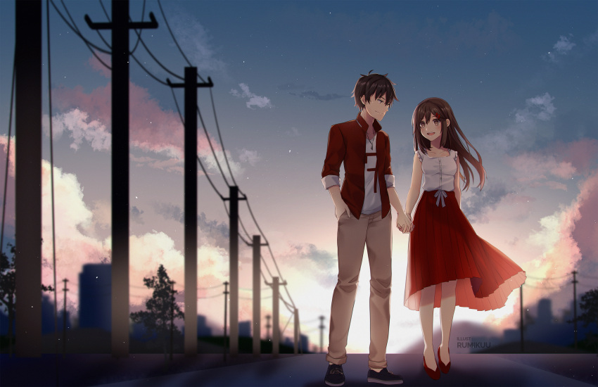 1boy 1girl :d alternate_costume black_eyes black_footwear black_hair blurry brown_eyes brown_hair casual cloud clouds dress dusk footwear frills gradient_sky hair_ornament hairpin hand_in_pocket high_heels highres holding_hands jewelry k-rumi kagerou_project khakis kisaragi_shintarou light_smile long_hair looking_at_another mekakucity_actors multiple_hairpins necklace no_scarf pants power_lines red_shirt red_skirt ribbon shirt short_hair skirt sky skyline sleeveless sleeveless_shirt sleeves_past_elbows sleeves_rolled_up smile tateyama_ayano tree twilight unbuttoned unbuttoned_shirt white_ribbon white_shirt