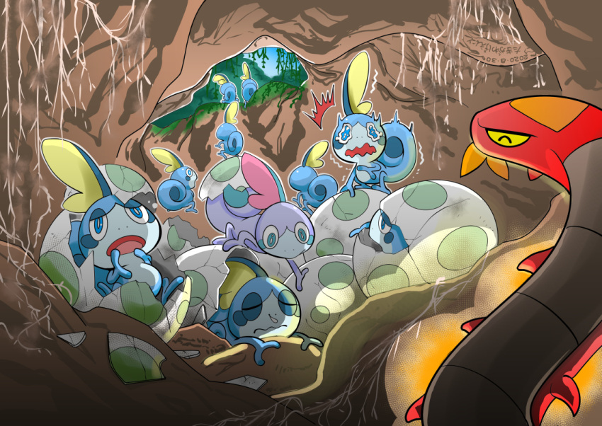 alternate_color cave climbing commentary_request cracked_egg dated day gen_8_pokemon no_humans open_mouth pokemon pokemon_(creature) pokemon_egg scared shiny_pokemon sizzlipede sky sobble takigawageenito tongue trembling wavy_mouth