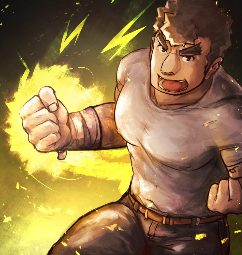 1boy absurdres aura bara barry_go belt brown_eyes brown_hair chest collarbone covered_nipples facial_hair fighting_stance glowing_fist grey_pants highres incoming_attack kengo_(tokyo_houkago_summoners) looking_at_viewer male_focus muscle open_mouth pants shirt short_hair sideburns solo stubble taut_clothes taut_shirt thick_eyebrows tokyo_houkago_summoners white_shirt