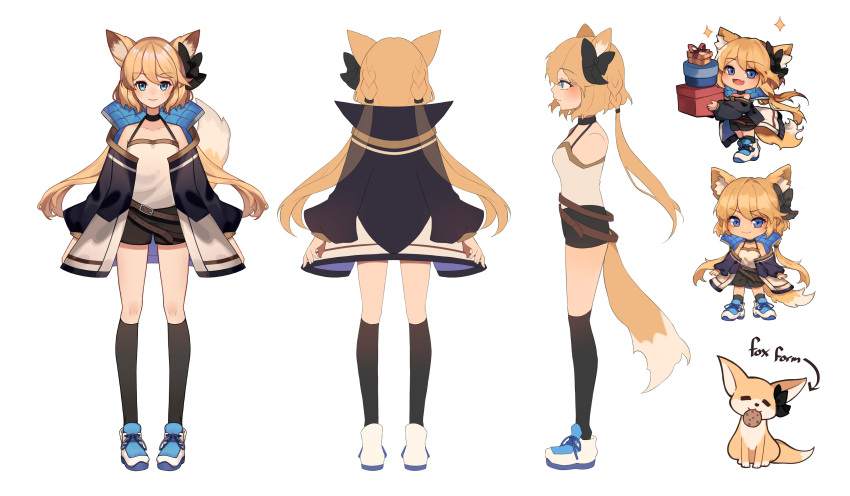 1girl absurdres animal_ears blonde_hair blue_eyes character_sheet chibi cookie english_commentary food fox highres himechui himechui_(vtuber) indie_virtual_youtuber long_hair looking_at_viewer multiple_views tail virtual_youtuber white_background