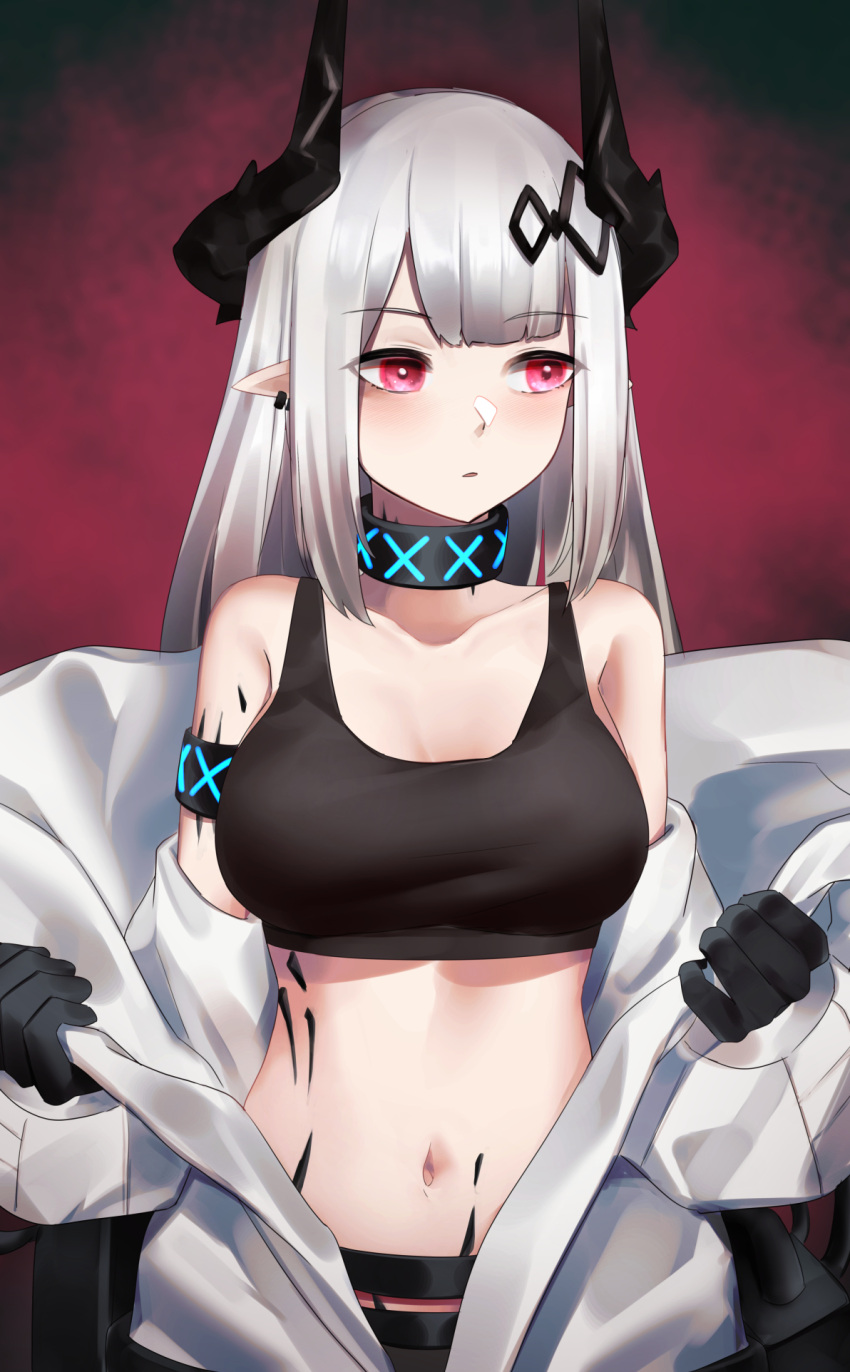 1girl arknights bare_shoulders black_choker black_gloves black_shirt breasts choker coat collarbone crop_top earrings gloves hair_ornament highres horns jewelry large_breasts long_hair looking_away looking_to_the_side midriff mudrock_(arknights) navel off_shoulder oripathy_lesion_(arknights) oversized_clothes parted_lips pointy_ears shirt sleeveless sleeveless_shirt solo stomach undressing upper_body wakamepiza white_coat white_hair