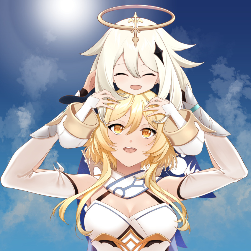 2girls absurdres angel blonde_hair breasts carrying_overhead closed_eyes clouds cute detached_sleeves genshin_impact halo happy highres human loli long_hair lumine_(genshin_impact) lumine_(genshin_impact)_(female) medium_breasts mihoyo_technology_(shanghai)_co._ltd. multiple_girls on_person open_mouth paimon_(genshin_impact) platinum_blonde_hair short_hair sky smile soruna_(nell) teenage yellow_eyes