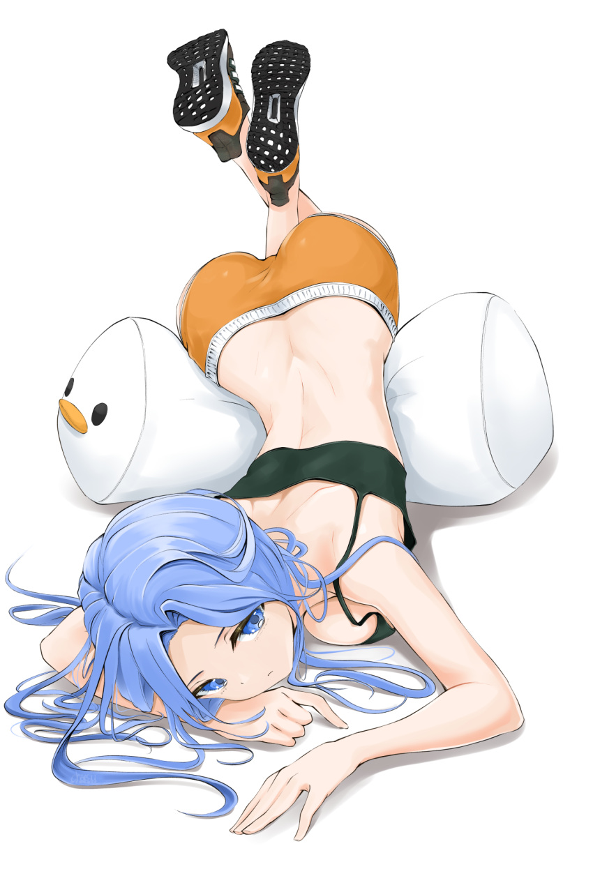 1girl ass back bare_arms bare_shoulders black_shirt blue_eyes blue_hair breast_press breasts camisole chaesu closed_mouth commentary_request crop_top expressionless feet_up full_body highres legs_up long_hair looking_at_viewer looking_away lying medium_breasts midriff minah_(chaesu) on_stomach orange_shorts original pillow shirt shoe_soles shoes short_shorts shorts simple_background sleeveless sleeveless_shirt solo top-down_bottom-up white_background