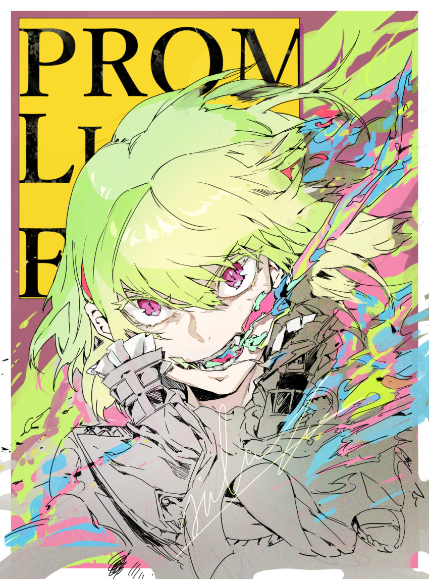 1boy background_text bangs breathing_fire character_name copyright_name cravat earrings fire frilled_shirt_collar frills green_hair hair_between_eyes highres hiranko jacket jewelry lio_fotia looking_at_viewer male_focus open_mouth pink_eyes promare short_hair solo spot_color teeth upper_body