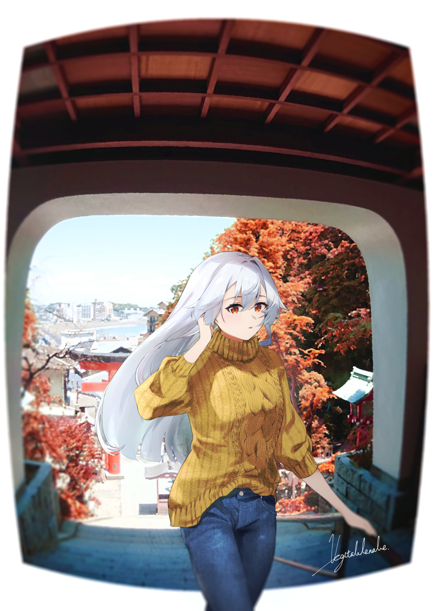 1girl absurdres adjusting_hair alternate_costume alternate_hairstyle aran_sweater blue_pants blurry blurry_background border brown_sweater casual commentary_request contemporary denim fate/grand_order fate_(series) highres jeans long_hair looking_at_viewer pants red_eyes signature silver_hair solo sweater tomoe_gozen_(fate/grand_order) torii tree vegetablenabe white_border