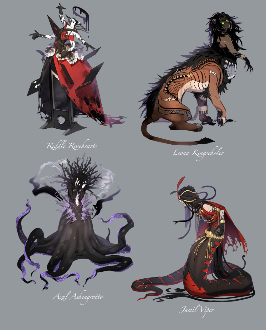 azul_ashengrotto card dress extra_arms fangs glowing glowing_eyes green_eyes guillotine headless highres jamil_viper jewelry leona_kingscholar lion monster octopus open_mouth overblot riddle_rosehearts snake snake_hair take_bayashi_3d tentacles twisted_wonderland