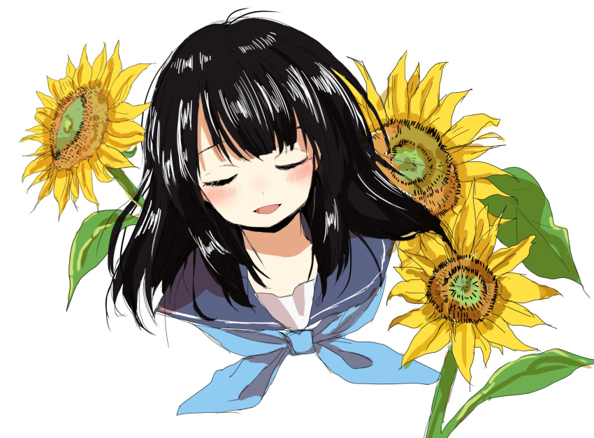 1girl black_hair blue_neckwear blue_sailor_collar blush closed_eyes commentary_request facing_viewer flower highres leaf long_hair manmi neckerchief open_mouth original portrait sailor_collar simple_background smile solo sunflower white_background yellow_flower