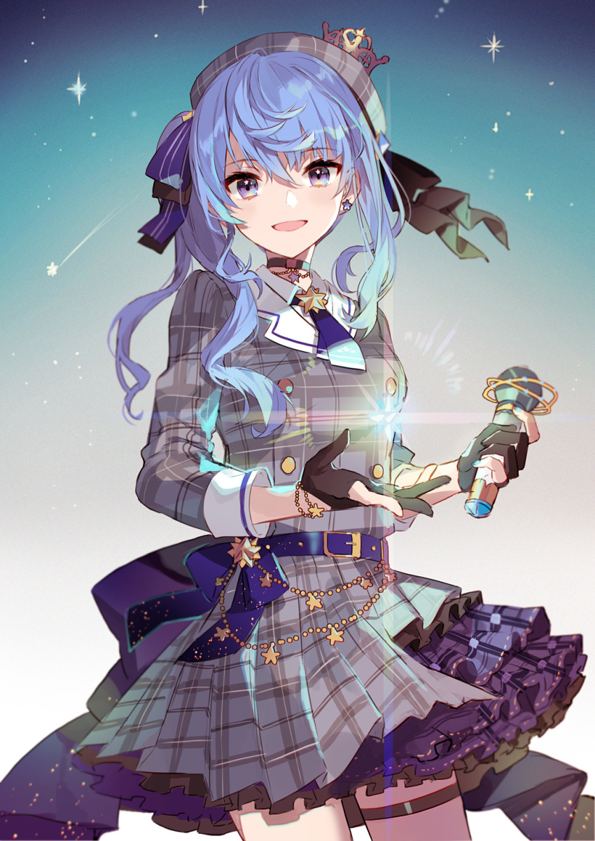 1girl :d bangs belt black_gloves blue_eyes blue_hair blue_neckwear bracelet choker cowboy_shot crown diffraction_spikes double-breasted dress earrings eihi frilled_dress frilled_skirt frills gloves grey_headwear hat highres holding holding_microphone hololive hoshimachi_suisei jewelry long_hair long_sleeves looking_at_viewer microphone neckerchief open_mouth partially_fingerless_gloves plaid plaid_dress plaid_headwear plaid_jacket pleated_dress pleated_skirt ribbon side_ponytail sidelocks skirt smile solo star_(symbol) star_earrings star_in_eye starry_background symbol_in_eye thigh_strap virtual_youtuber