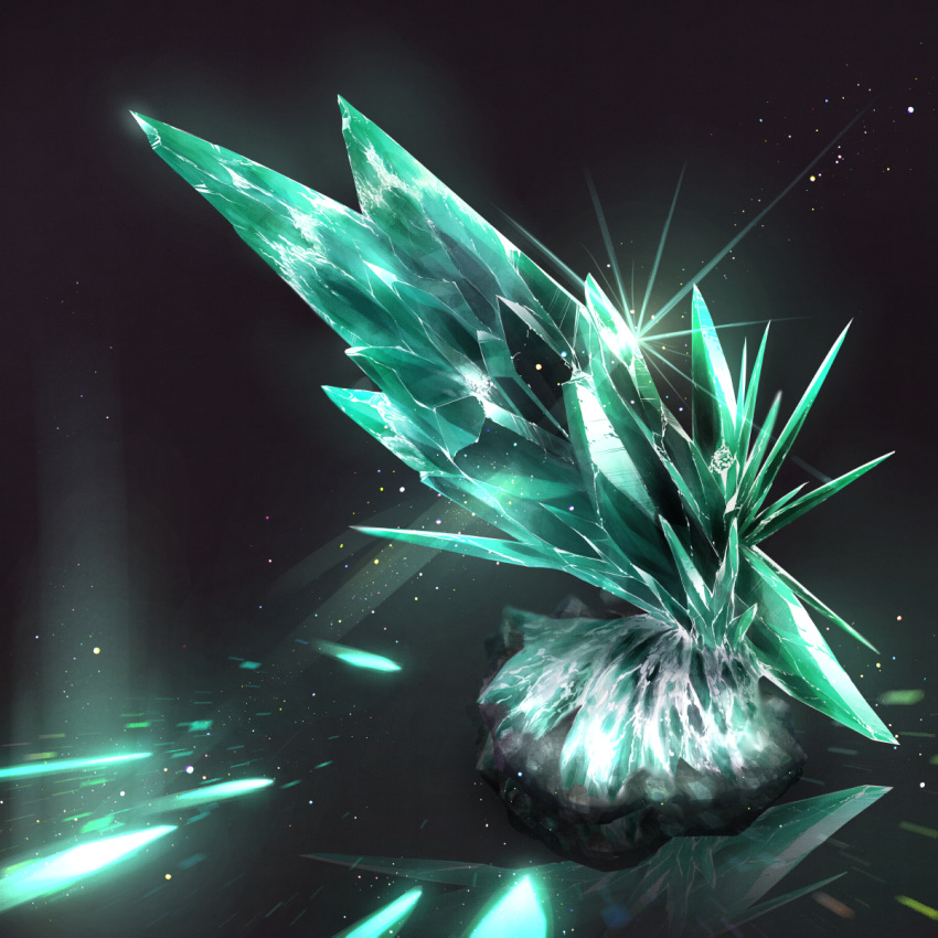 aqua_theme black_background cluseller commentary commentary_request crystal glint highres light_particles no_humans original partial_commentary phosphophyllite_(gemstone) reflection rock shiny simple_background still_life