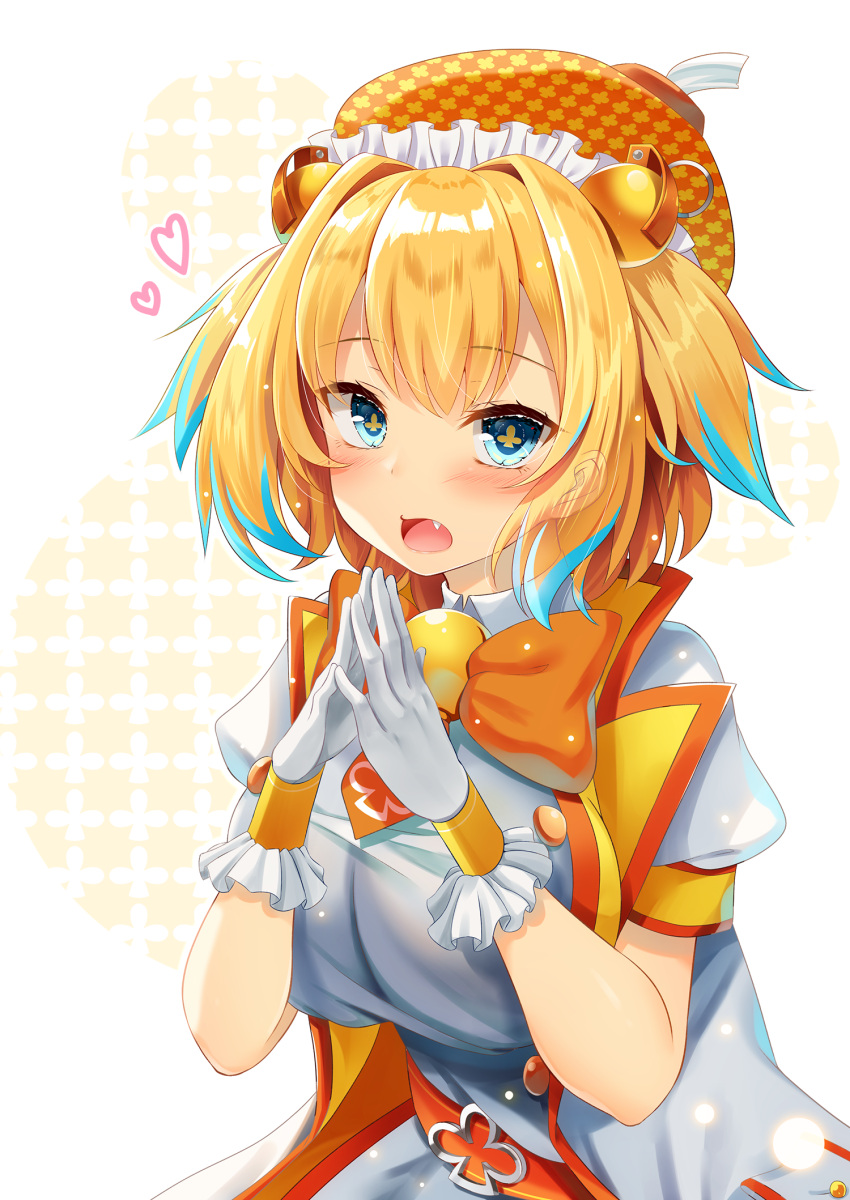 +_+ 1girl akine_(kuroyuri) blonde_hair blue_eyes blue_hair bombergirl breasts eyebrows_visible_through_hair fang gloves hair_intakes heart highres large_breasts looking_at_viewer multicolored_hair open_mouth pine_(bombergirl) puffy_short_sleeves puffy_sleeves short_hair short_sleeves short_twintails solo twintails two-tone_hair white_gloves