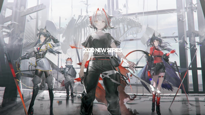 1boy 3girls animal_ears antennae arknights bare_legs black_footwear black_gloves black_hair black_headwear black_jacket black_legwear black_pants black_shorts boots breasts commentary dobermann_(arknights) dog_ears ears_through_headwear ethan_(arknights) feet_out_of_frame gloves grey_eyes grey_shirt grey_skirt hat highres holding holding_knife holding_weapon horns jacket knife large_breasts liduke long_hair long_sleeves looking_at_viewer multiple_girls off_shoulder official_art open_clothes open_jacket orange_hair pants pantyhose peaked_cap pencil_skirt planted_sword planted_weapon red_gloves red_shirt scabbard sheath shirt short_sleeves shorts sidelocks silver_hair skirt standing sword tail texas_(arknights) thigh_strap thighs w_(arknights) weapon wolf_ears wolf_tail